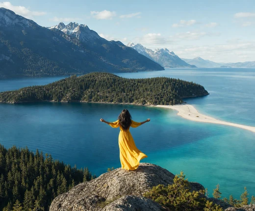 Woman in a yellow dress overlooking an island bay