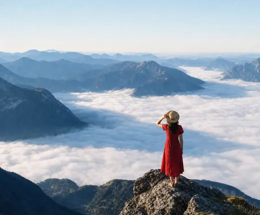 Traveller standing on a rock above a cloud-filled valley