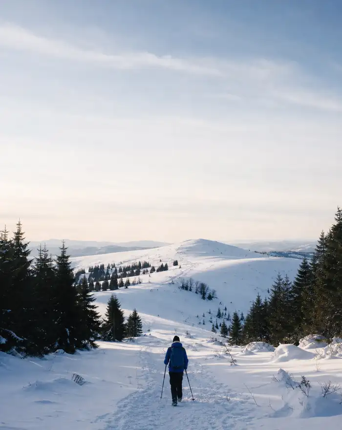 Backpacker on a snow-covered trail