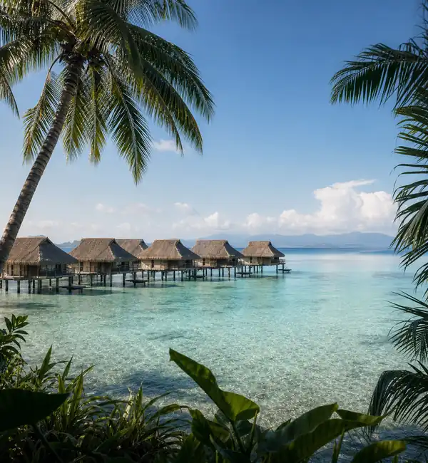 Thatched villa on stilts above a lagoon