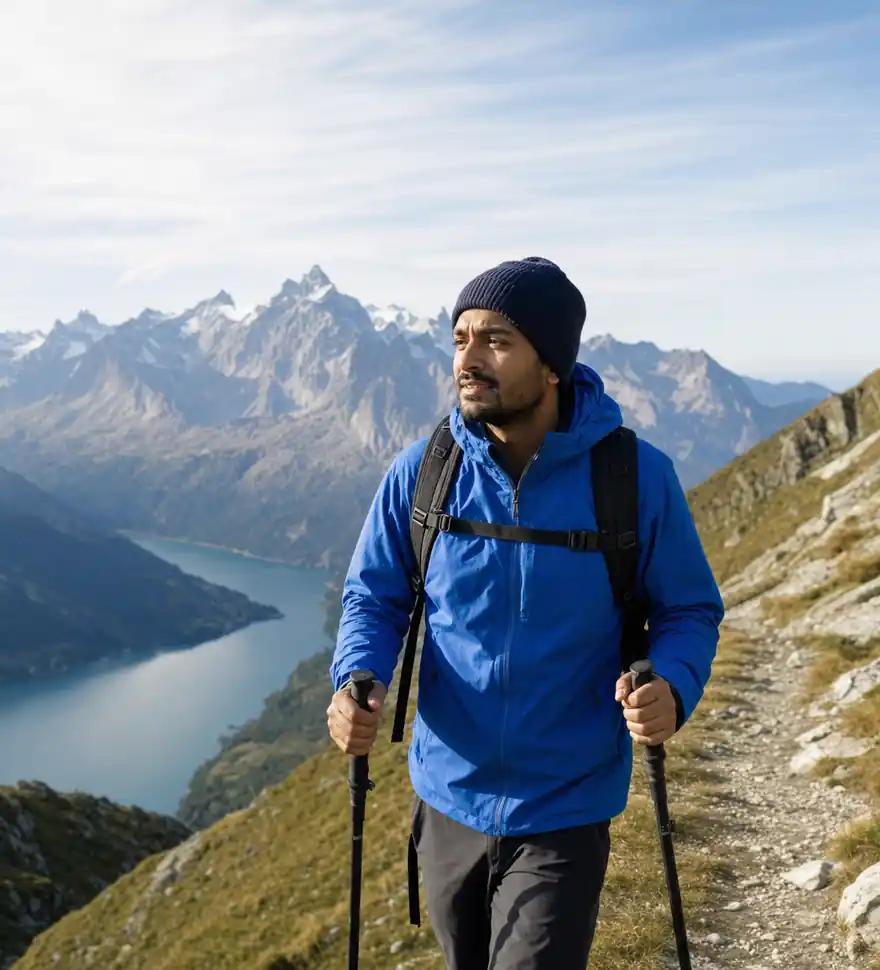 Traveller in a blue jacket on a mountain path
