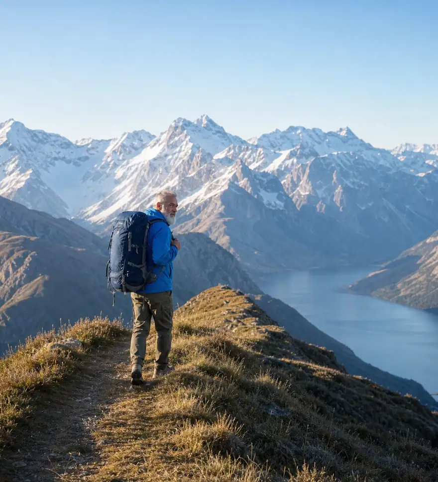 Walker on a ridge above a valley