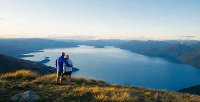 Couple looking out over a lake at dusk