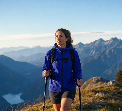 Hiker in a blue jacket on a ridge