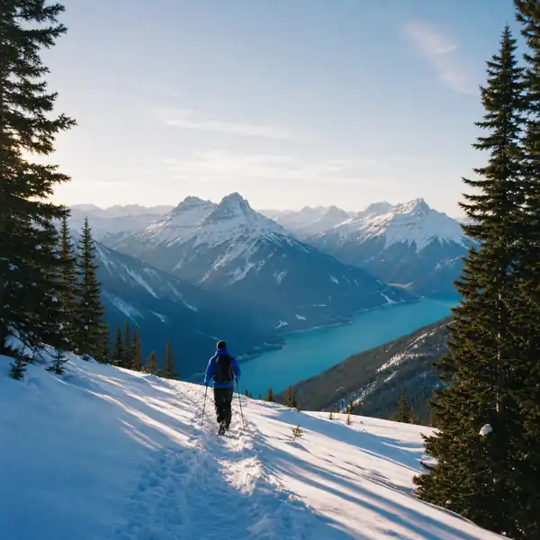 Hiker walking a snow trail towards a mountain range