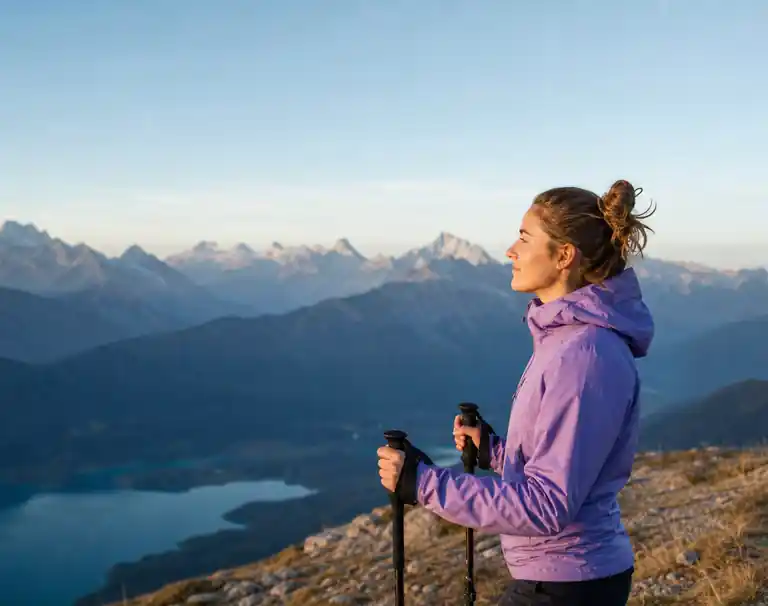 A hiker pausing on a ridge at sunrise