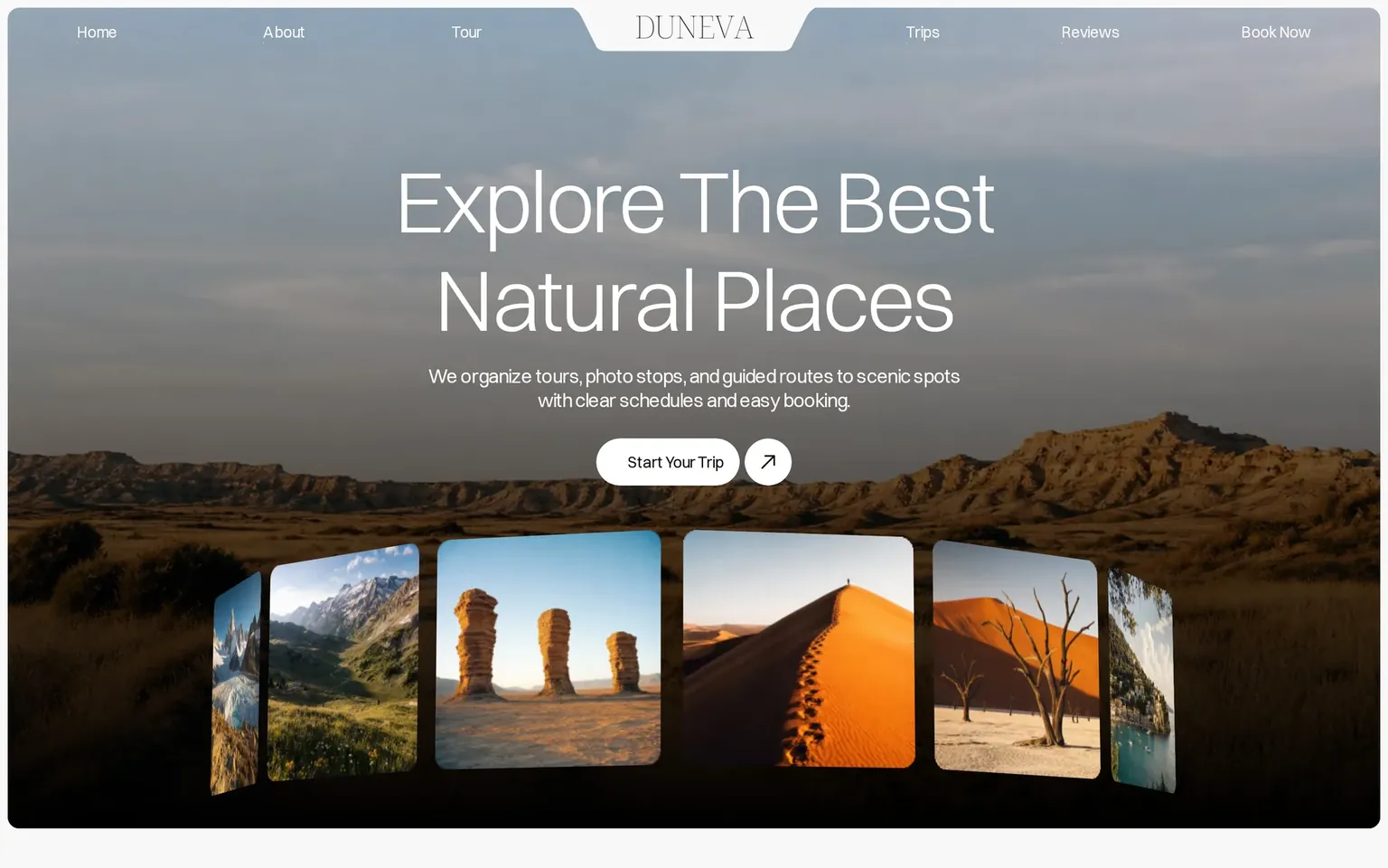 Preview of the Duneva site: a travel agency, full-bleed photography and booking.