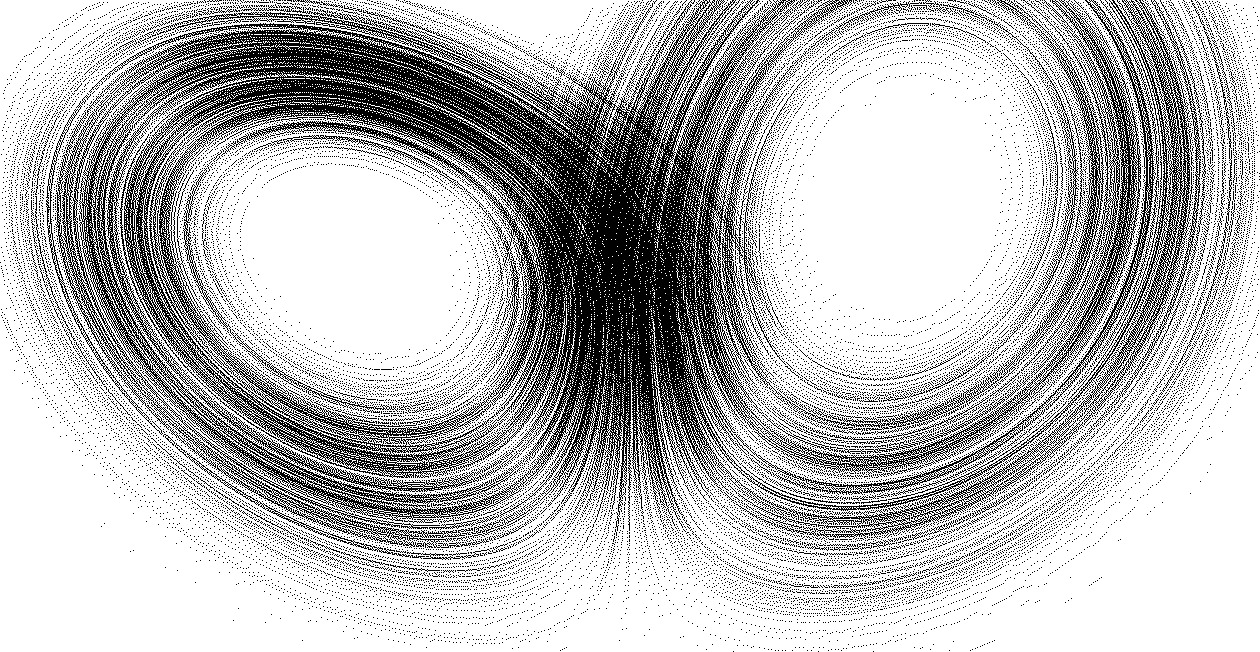 Halftone drawing of filaments orbiting several persistent centres.