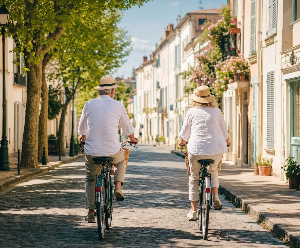 A couple cycling down a cobbled street lined with palm trees