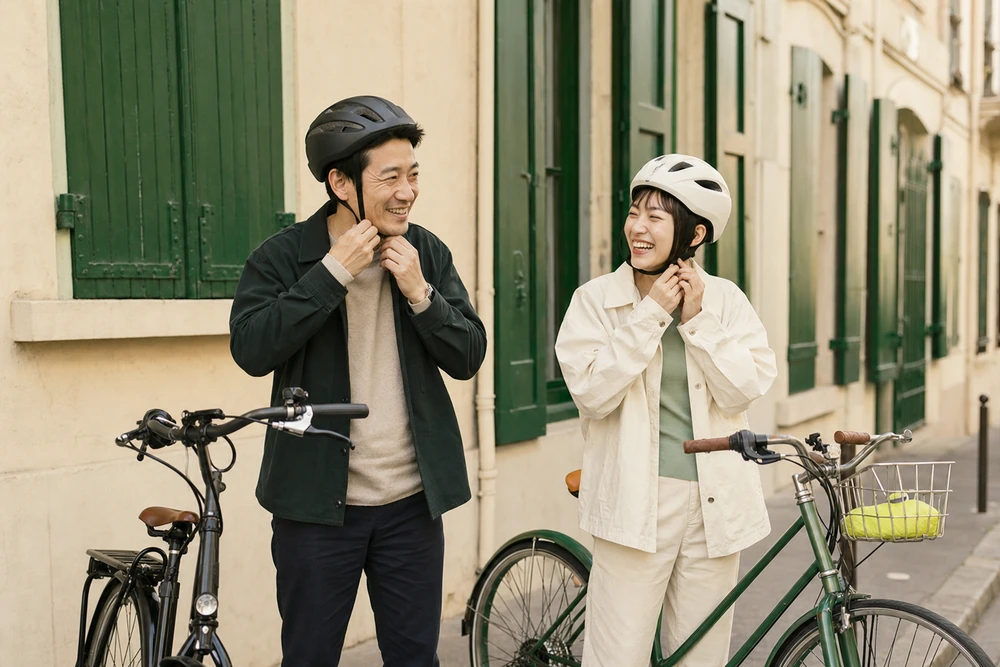 Two cyclists adjusting their helmets outside an office building
