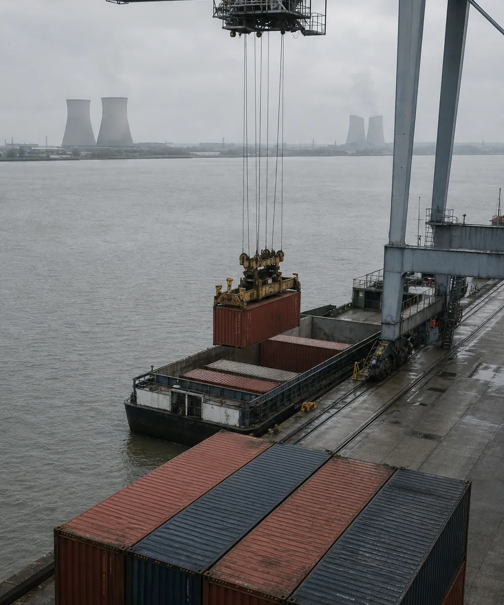 A crane lowering a container onto a barge