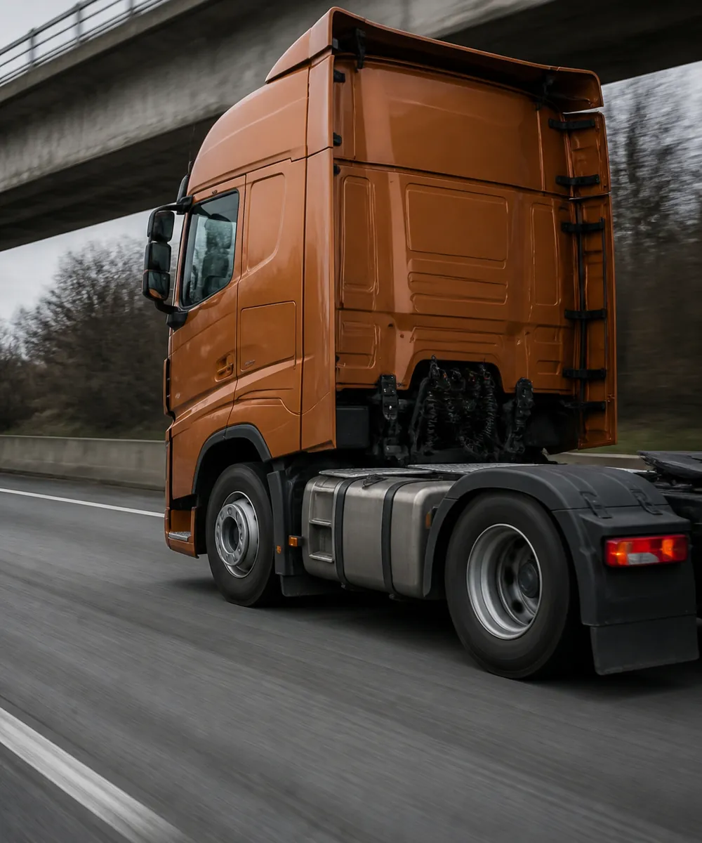 A truck on a motorway at speed, seen from the side