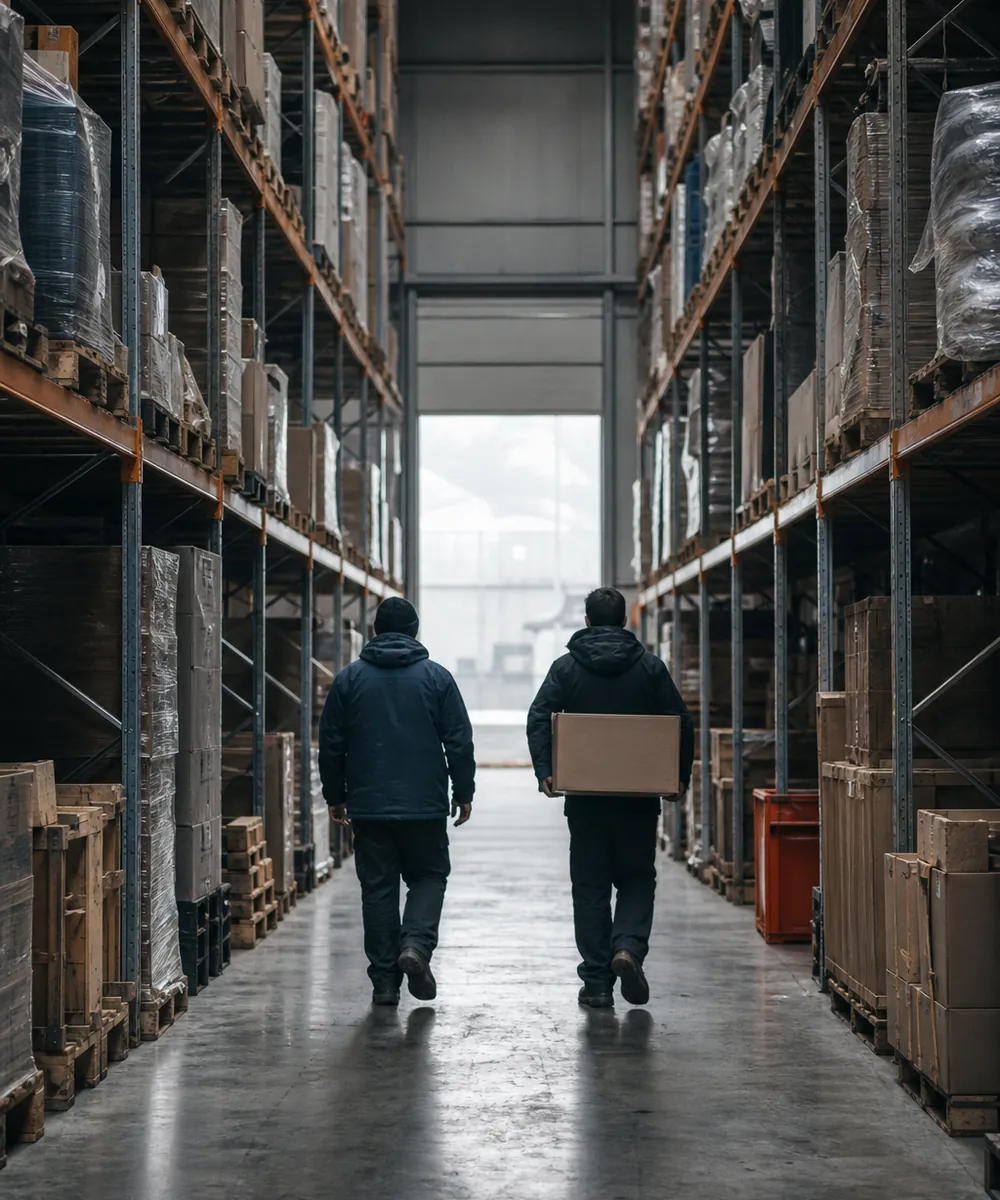 Two workers walking a warehouse aisle carrying a box