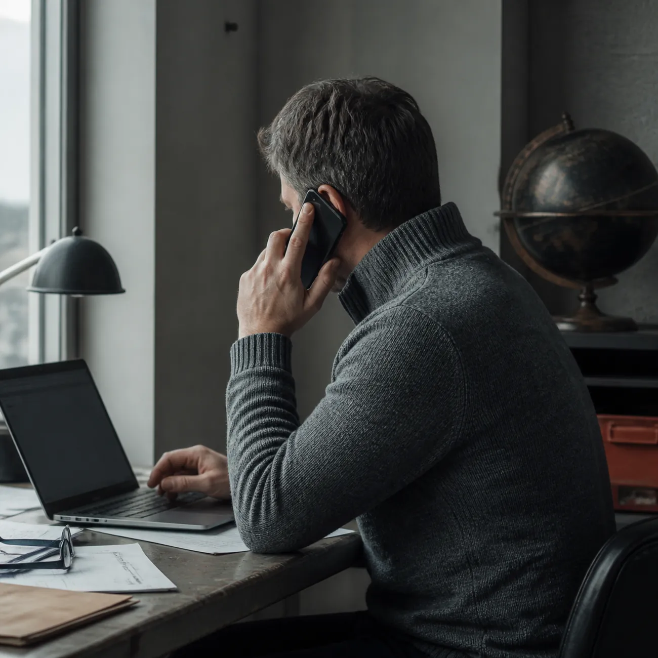 A logistics manager on the phone at a desk, a globe behind him