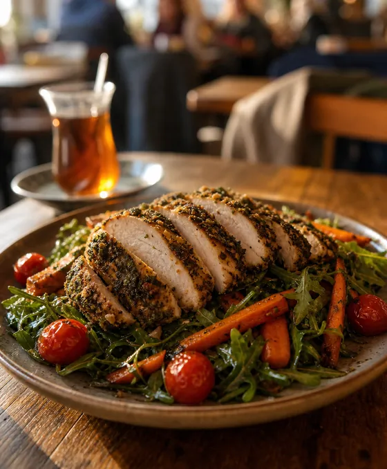 Herb chicken over a green salad