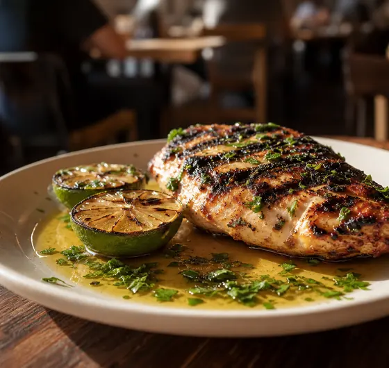 A grilled chicken breast with lime