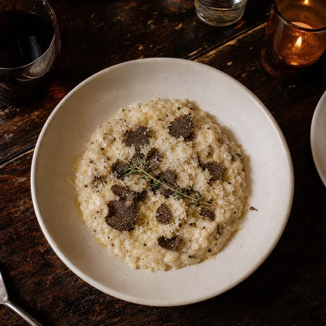 Velvet truffle risotto in a wide bowl