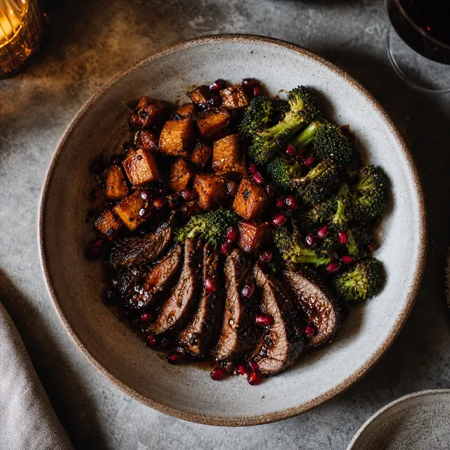 Black garlic tenderloin with roasted vegetables
