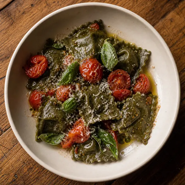 Midnight olive ravioli with tomatoes and basil