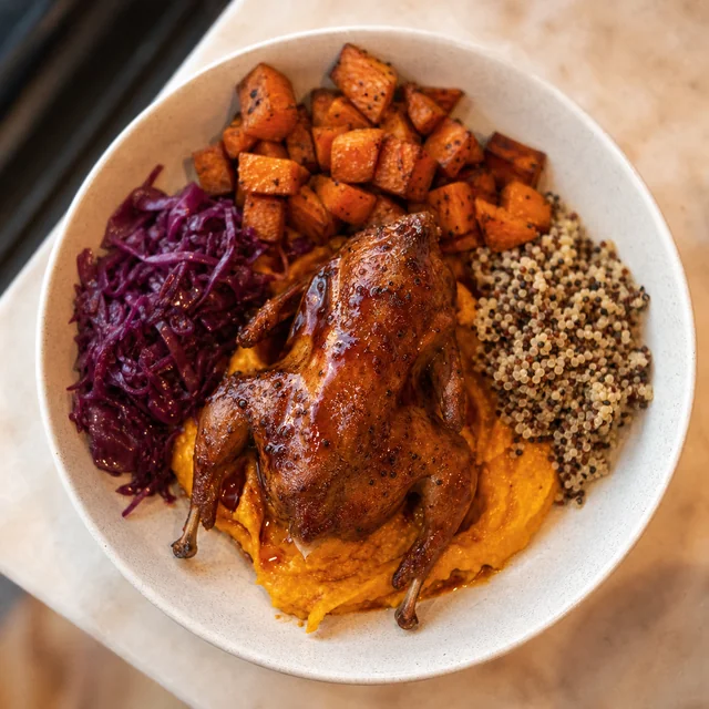 Maple glazed quail with sweet potato