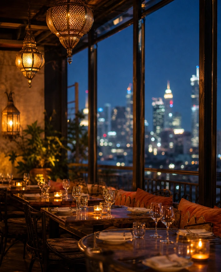 Rooftop terrace at dusk, tables set under hanging lamps