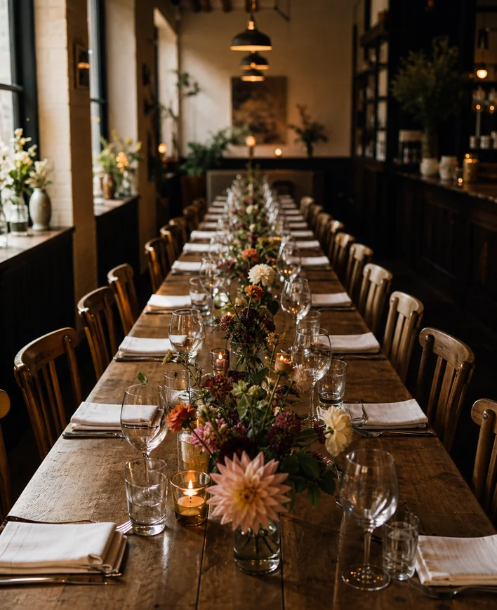 The main dining room, warm lights over long tables