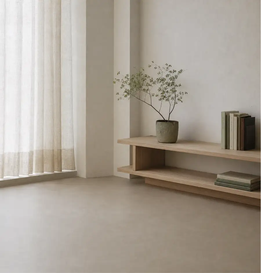 A shelf of books beside a curtain filtering the daylight