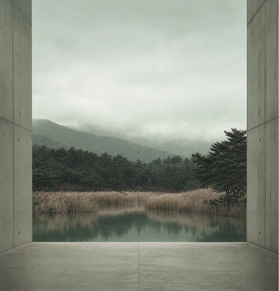 A misty landscape framed by two walls