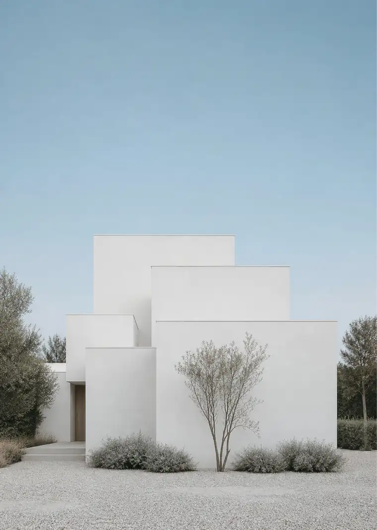 Hikari Clinic, white cubic volumes against a clear sky