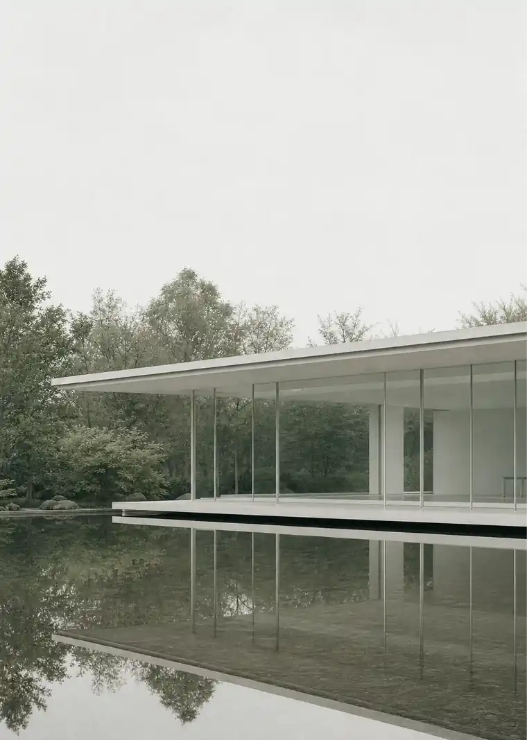 Kaze Pavilion, a long glazed volume above a reflecting pool