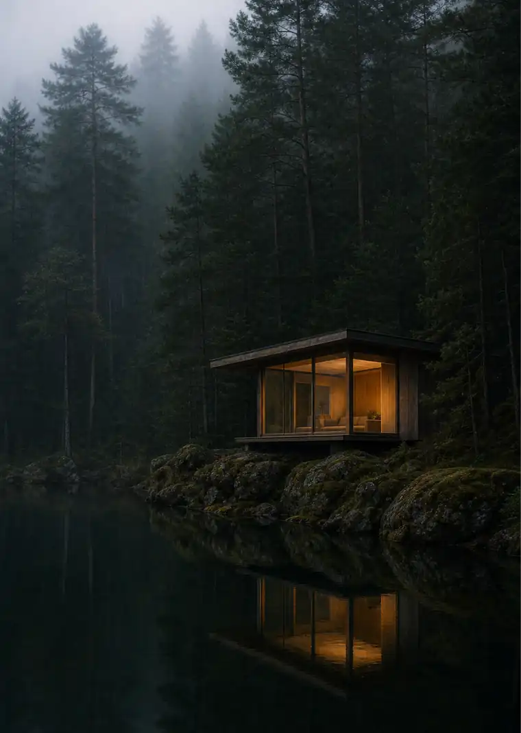 Mizu House, a lit pavilion seen at dusk