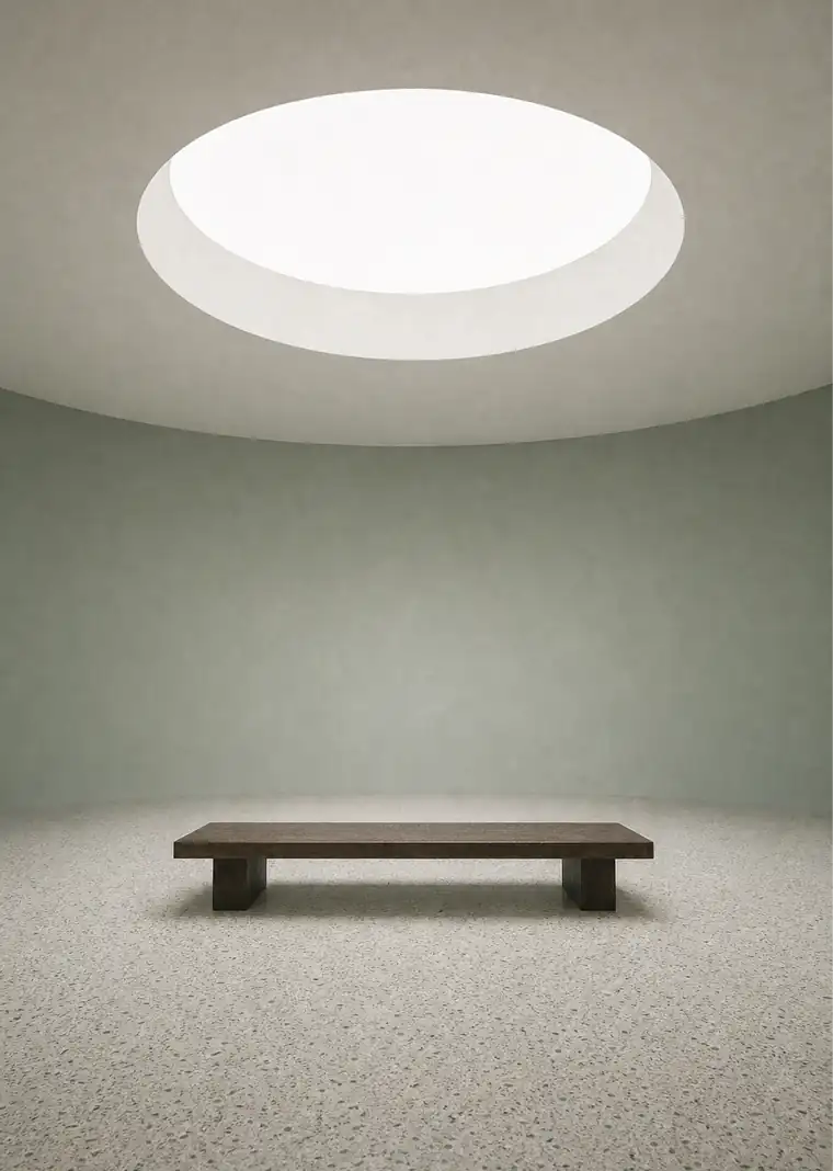 Tsuki House, a lit interior with a circular skylight