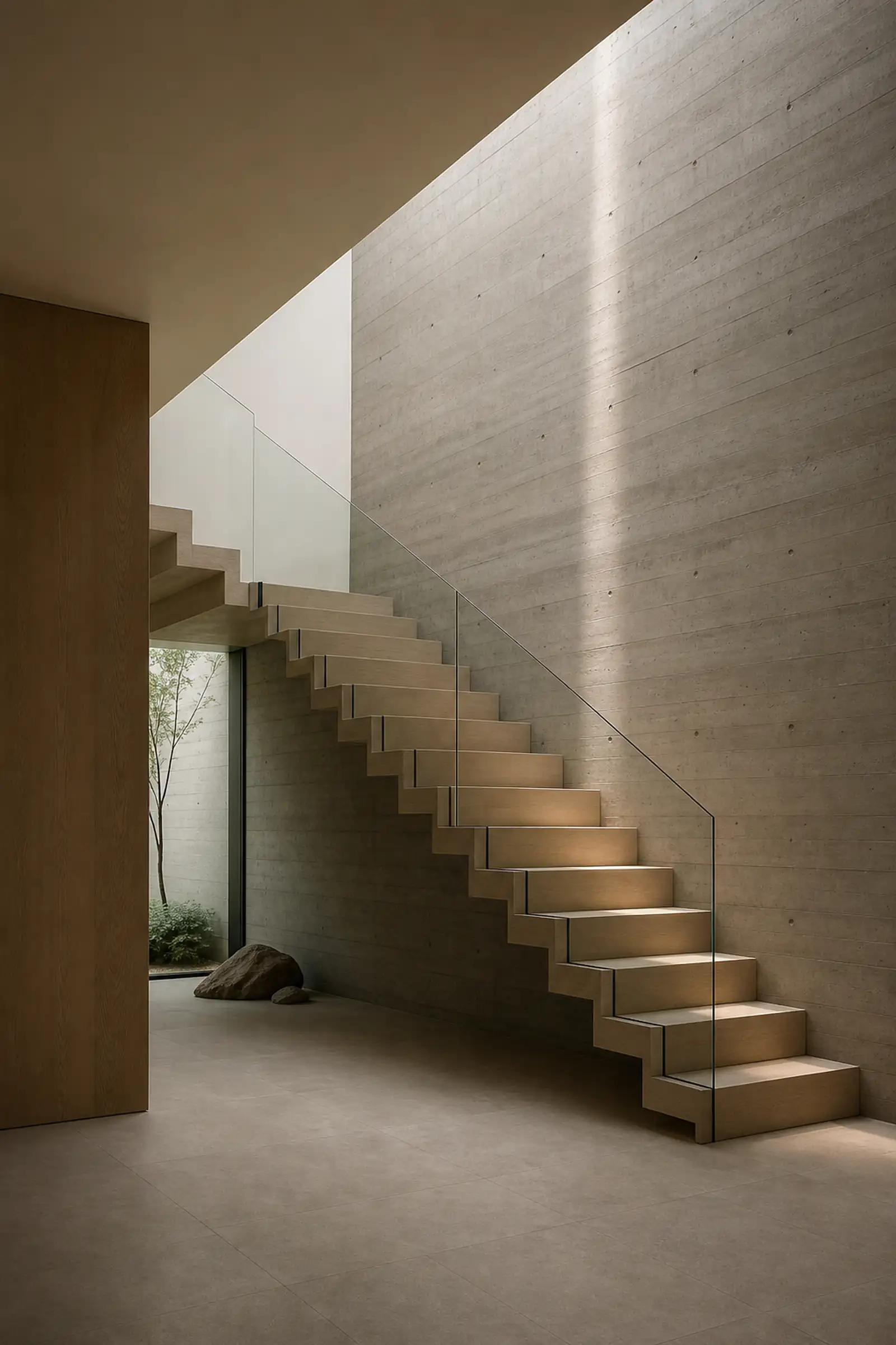 A wooden staircase with a glass balustrade
