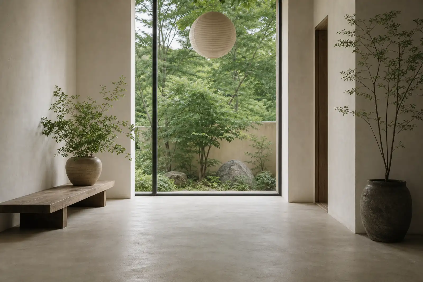 A pale room opening onto a garden