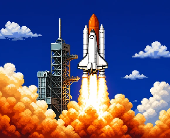 Pixel-art illustration of a space shuttle lifting off from its tower.
