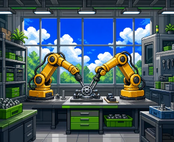Pixel-art illustration of two yellow robot arms working at a bench in front of a window.