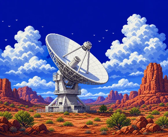 Pixel-art illustration of a radio telescope dish in a red rock desert under tall clouds.