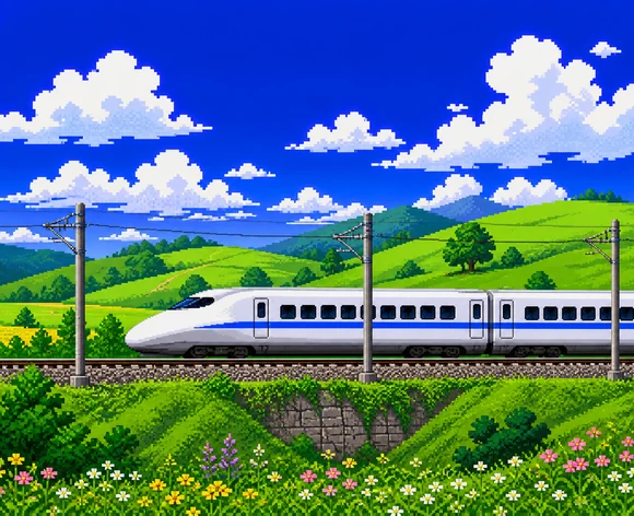 Pixel-art illustration of a white high-speed train crossing green hills.