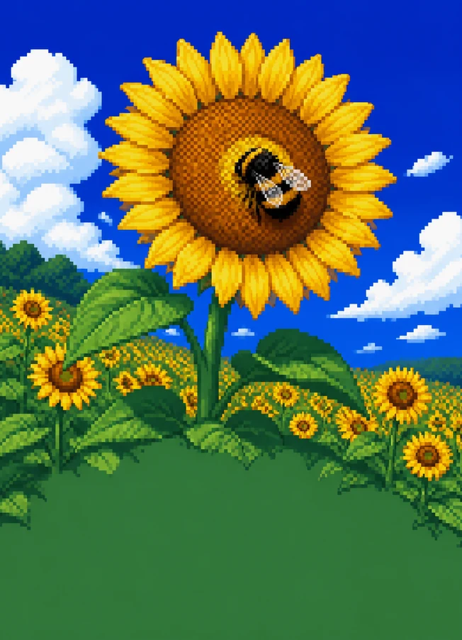 Pixel-art illustration of a bumblebee on a sunflower, with a field of sunflowers behind it.