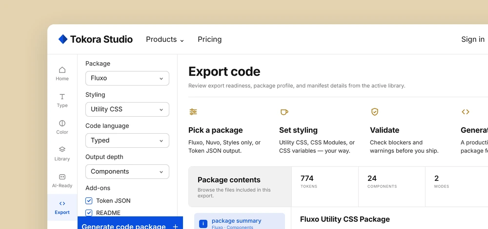 The code export panel offering Fluxo, Nuvo, JSON, and CSS outputs.