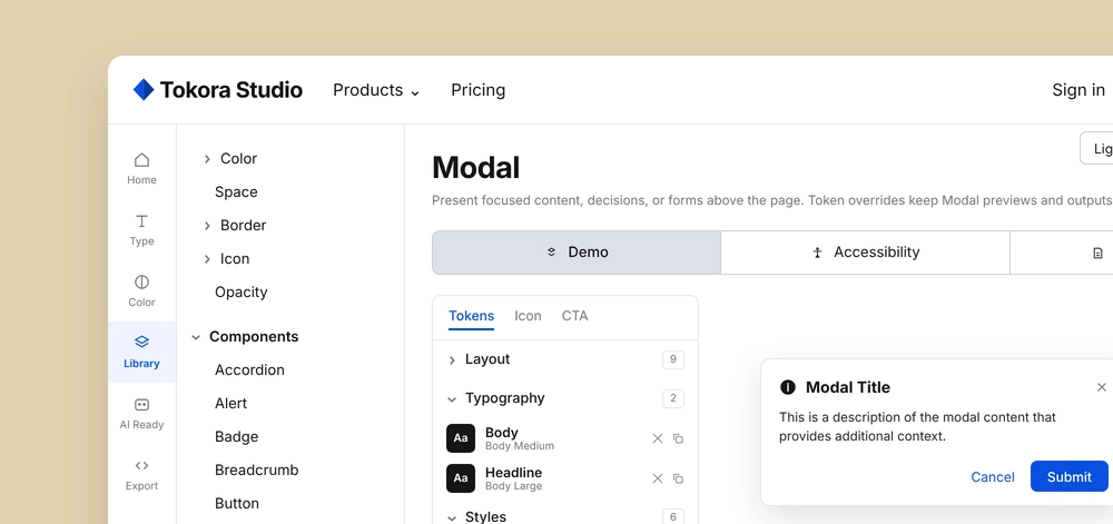 The Tokora Studio workspace, with the type scale and palette generators open.