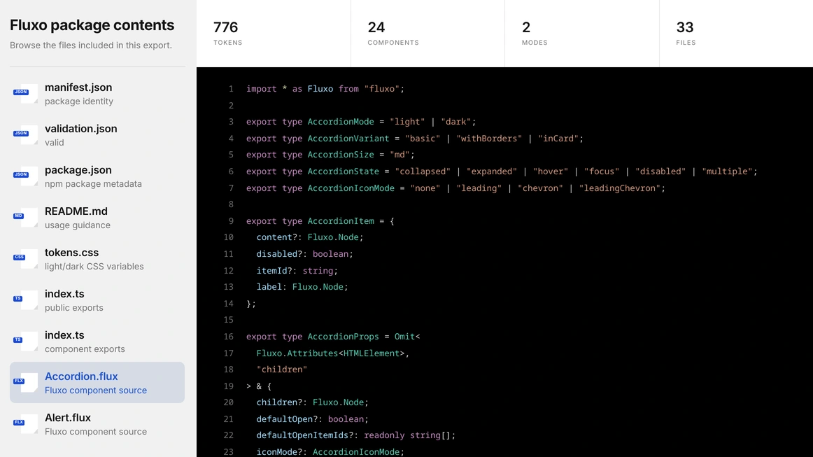 The Install Code screen generating Fluxo components from the library.