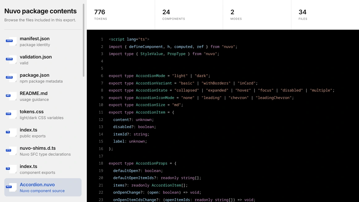 The Install Code screen generating Nuvo components from the library.