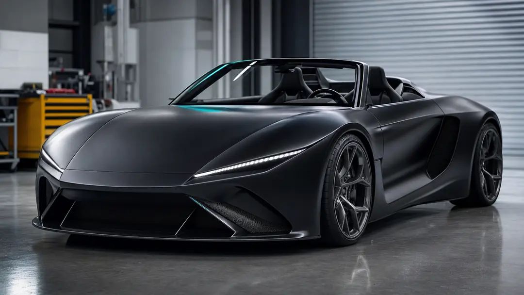 Matte black Nordwerk Aero 8 convertible in a workshop