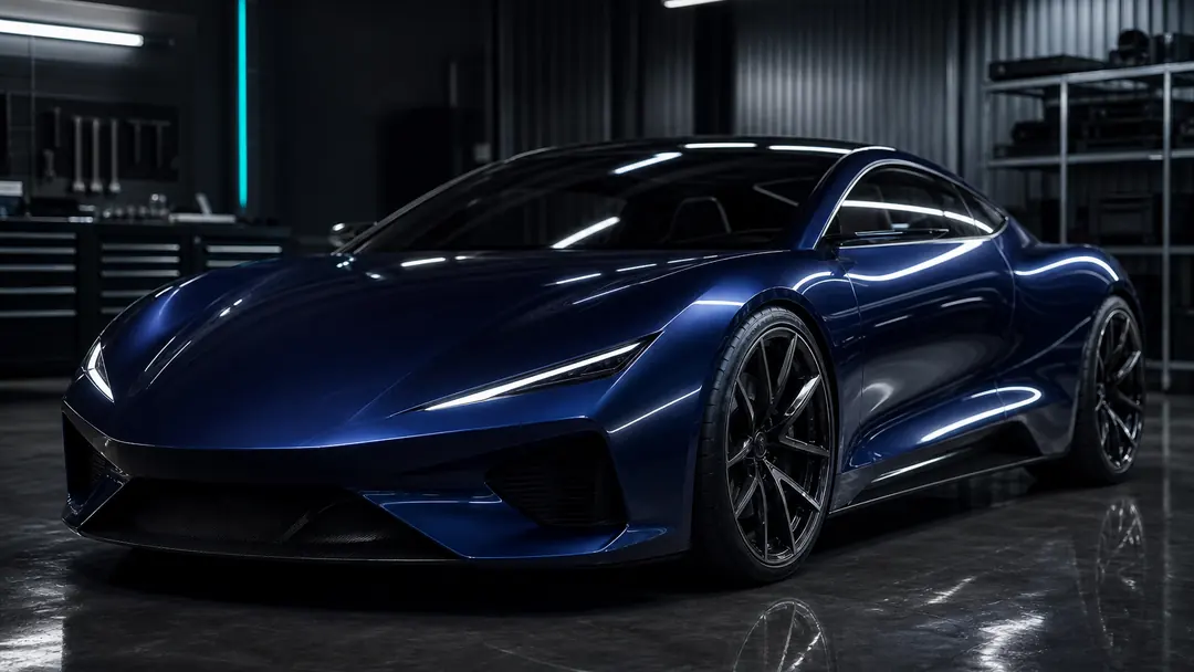 Deep blue Falconi Corsa 45 coupe in a workshop