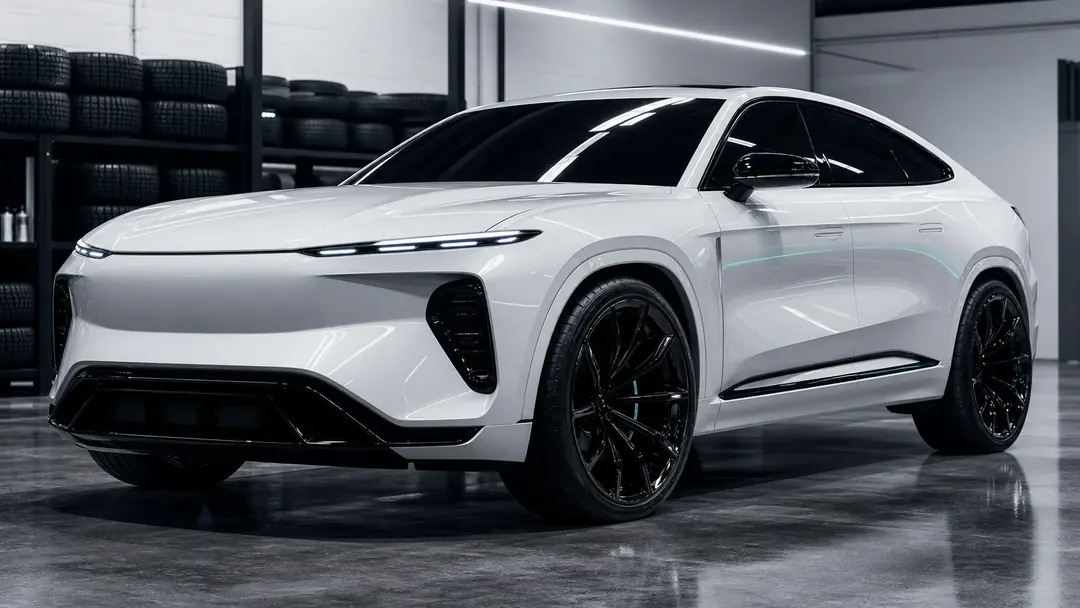 White Valberg Kraft 6 coupe SUV in a workshop