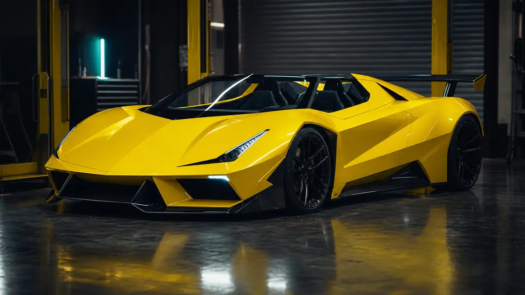 Yellow Aurelio Tempesta open-top supercar in a workshop