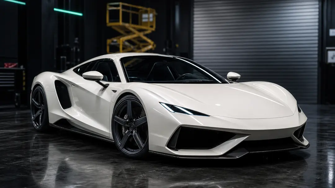 Pearl white Falconi Volante GT coupe in a garage