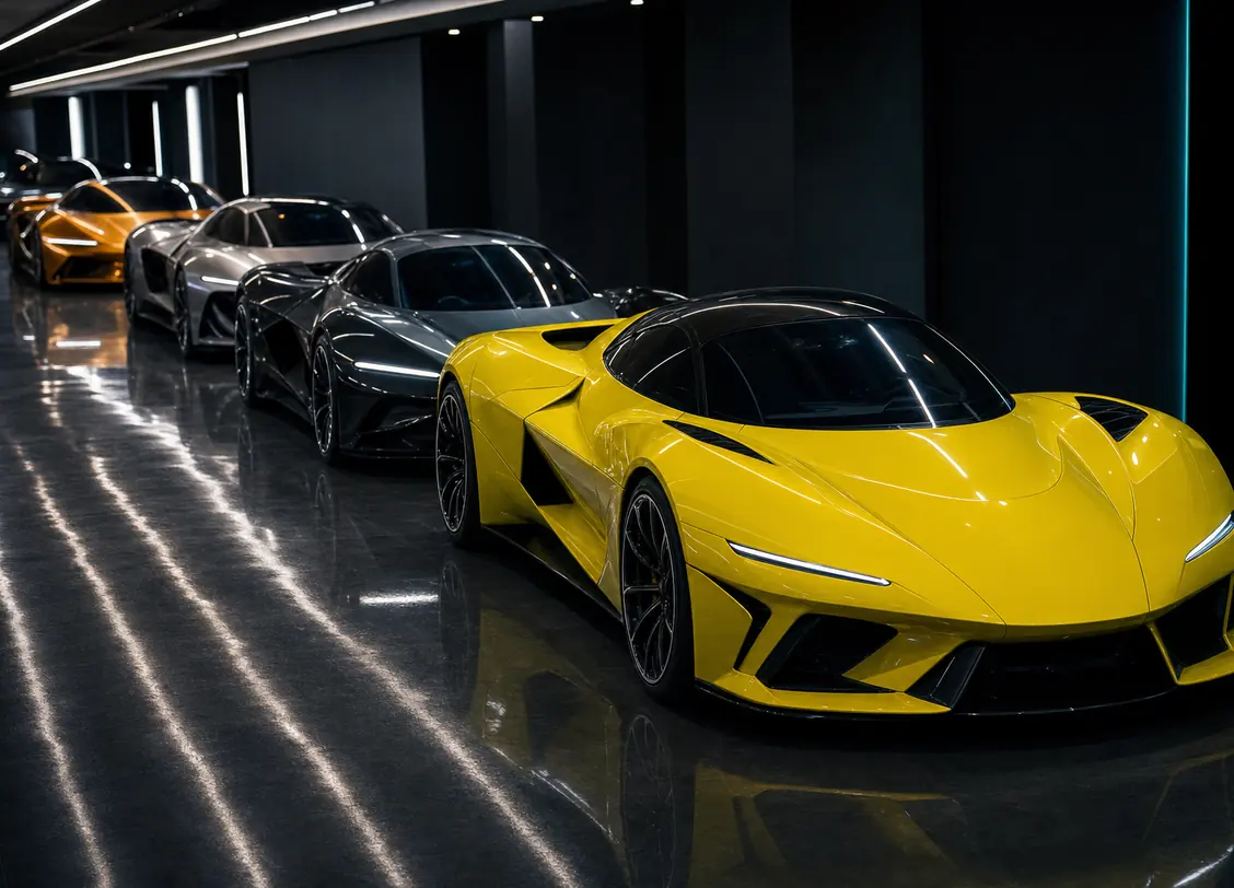 A line of supercars parked in the Dubai showroom