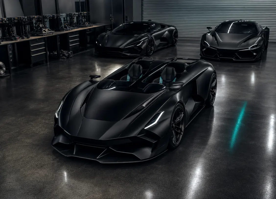 A black open-top supercar in the Abu Dhabi showroom